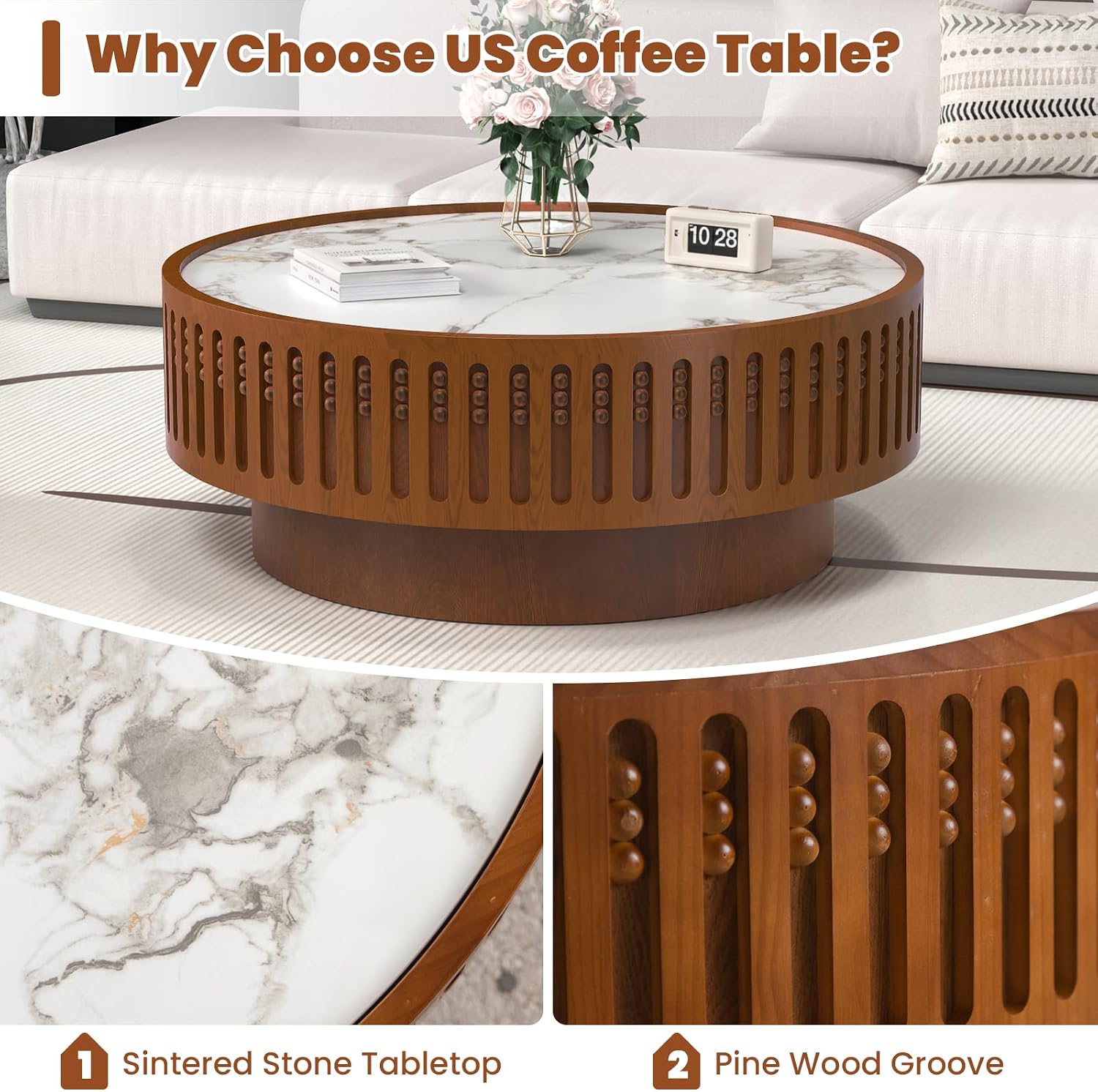 35.43' Round Coffee Table with Sintered Stone Tabletop, Modern Drum Fluted Center Table, Unique Circle Wood Coffee Table for Living Room Small Spaces (Walnut, 35.43' Sintered Stone Tabletop)