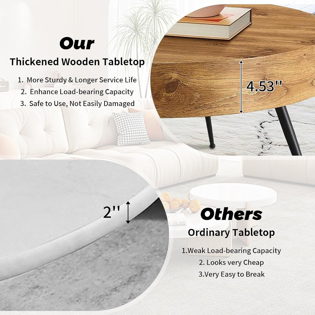 Round Coffee Table, Small Wood Coffee Table with Storage, Modern Mid Century Circle Tables Accent Center Tables for Living Room Apartment Small Space (31.5''D-Brown)