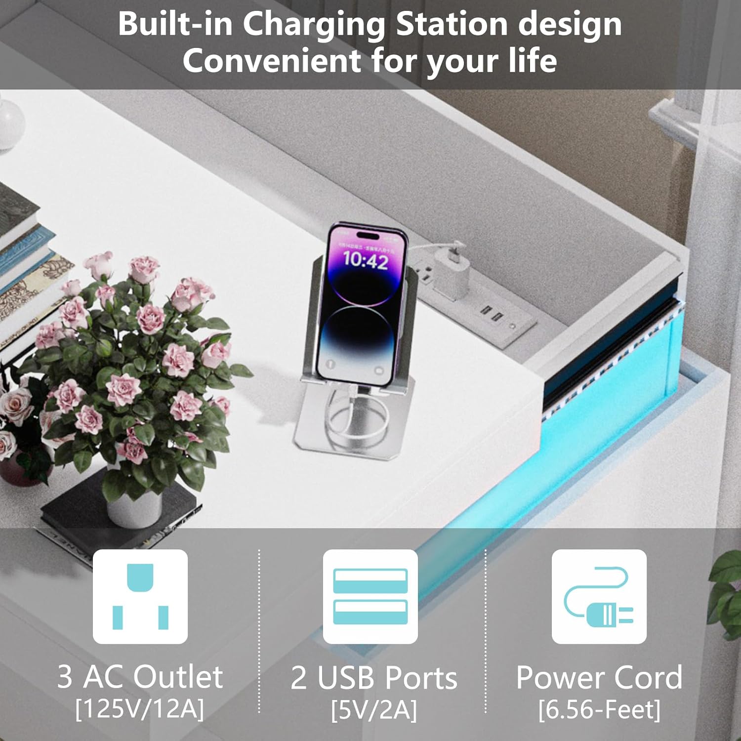 White Nightstand with Charging Station and LED Light,30.5'' Tall Night Stand with Sliding Top for Bedroom, Bedside Table with 3 Drawers, Modern End Side Table for Living Room