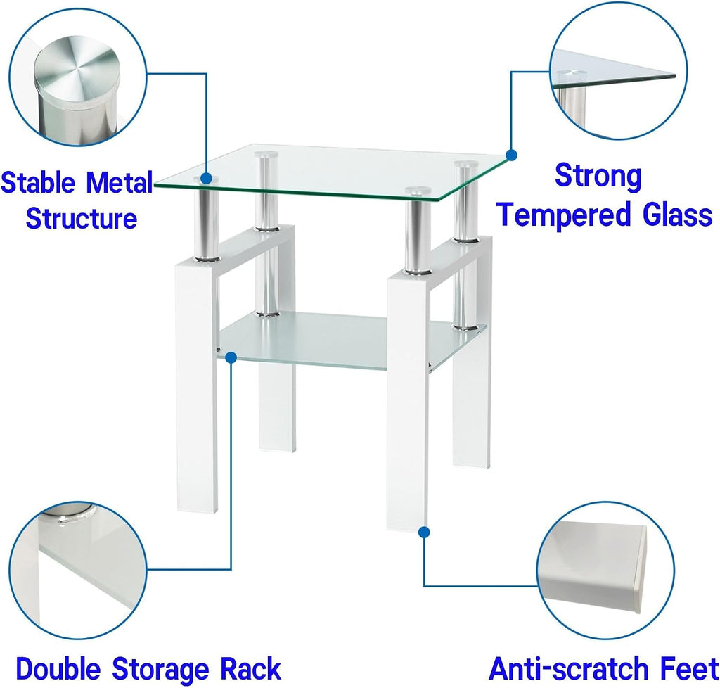 Glass Coffee Table Set of 3, 3-piece Living Room Tables with Tempered Glass and Metal Frame, Coffee and End Table Sets, White