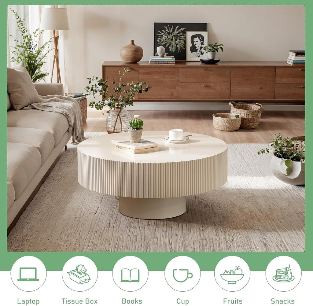 Modern Drum Fluted Round Coffee Table for Living Room, Unique Accent Fluted Drum Coffee Table, Contemporary Minimalist Low Circle Tea Tables for Farmhouse Apartment (B)