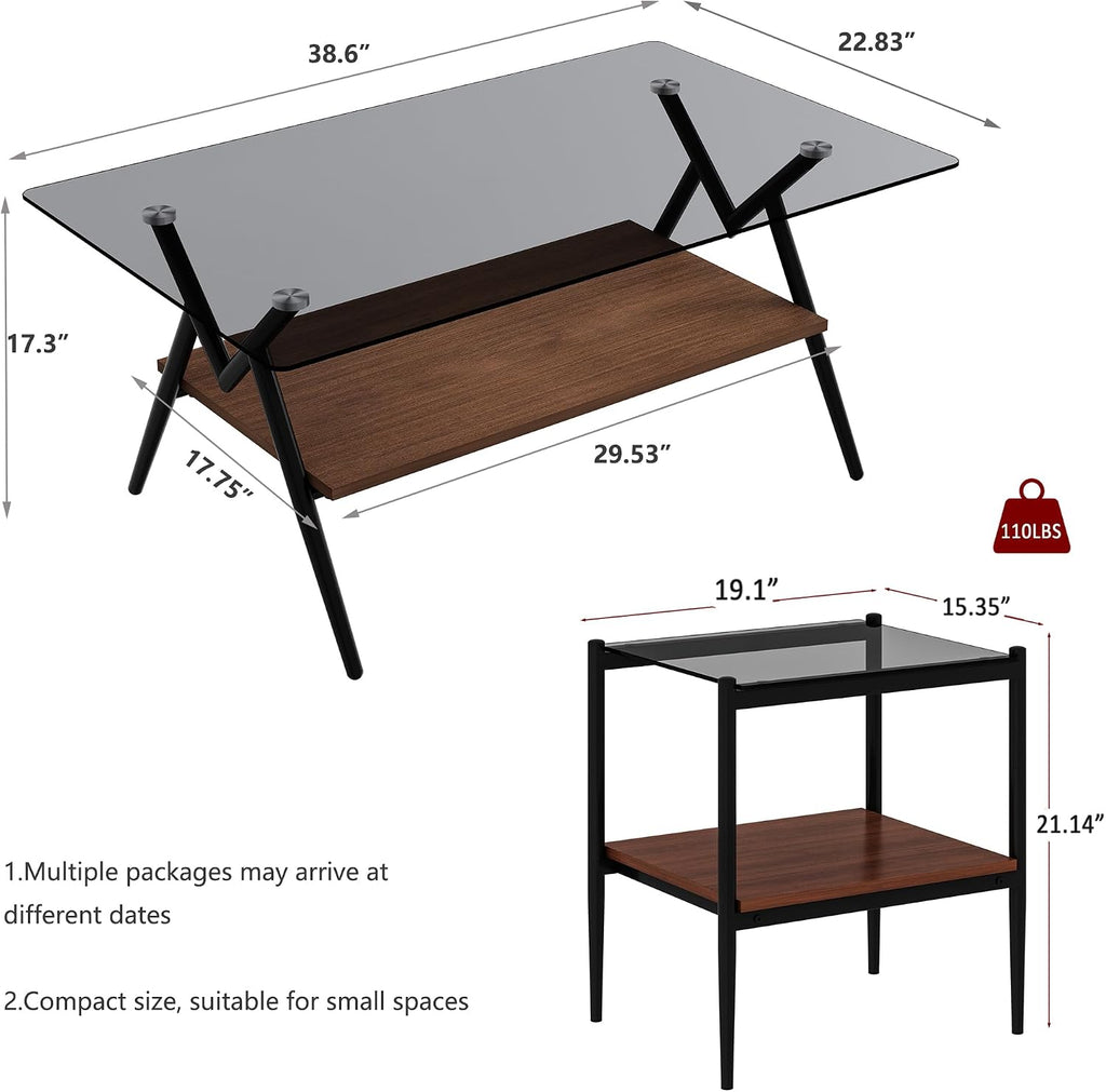 Grey Glass Coffee Table Sets of 3 Modern Living Room Table Set End Tables with Black Metal Legs and Walnut Bottom Shelf, Center Cocktail Furniture (Grey Brown)