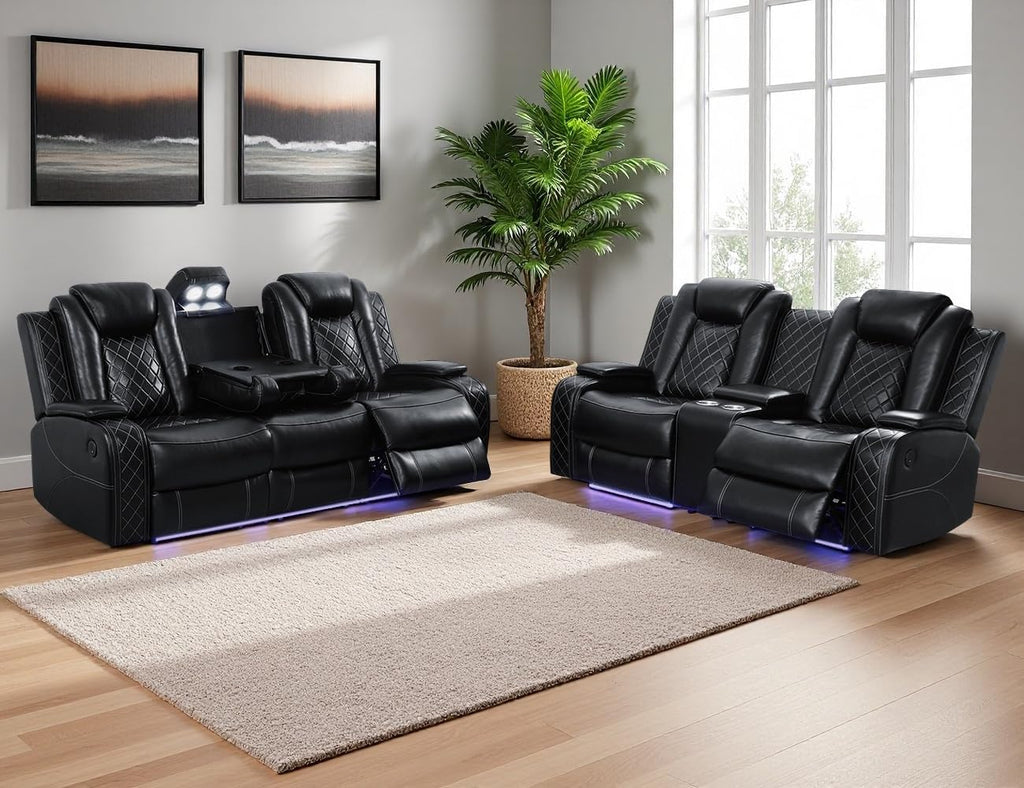 Black Leather Power Recliner Sofa Set, 2 Piece Reclining Sofa and Loveseat Set, Luxury Reclining Loveseat Couch Recliner Sets with Coffee Table, Living Room Furniture for House/Home Theater