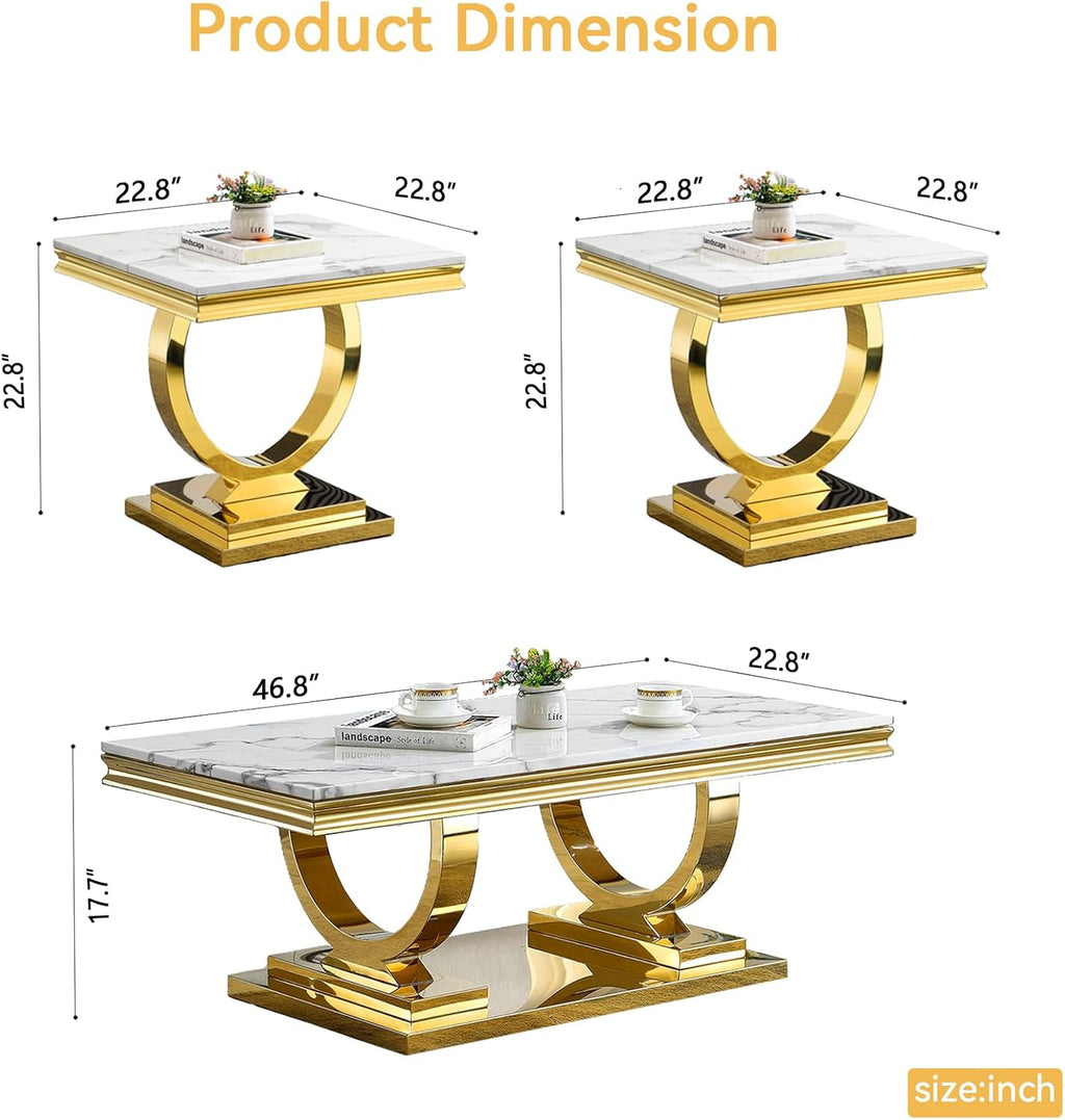 Coffee Tables Set of 3 for Living Room, Marble Coffee Table and 2 End Table Set, White Faux Marble Top&Gold O-Shape Stainless Steel Base, 3 Pieces Living Room Table Sets for Apartment Office