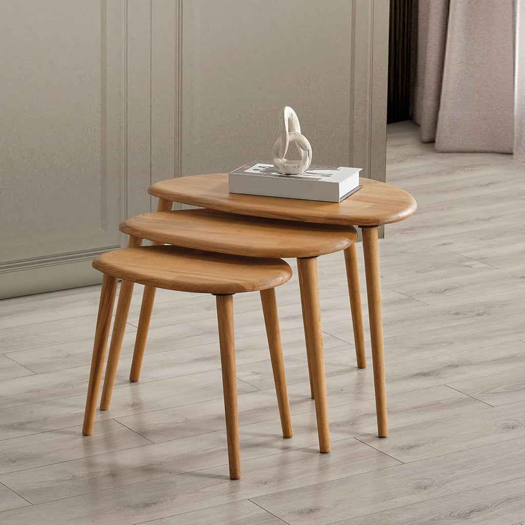 Solid Wood Nesting Coffee Table Set of 3 - Mid Century Modern Pebble Tables with Tapered Legs – Wooden Home Furniture in a Retro Style (Oak)