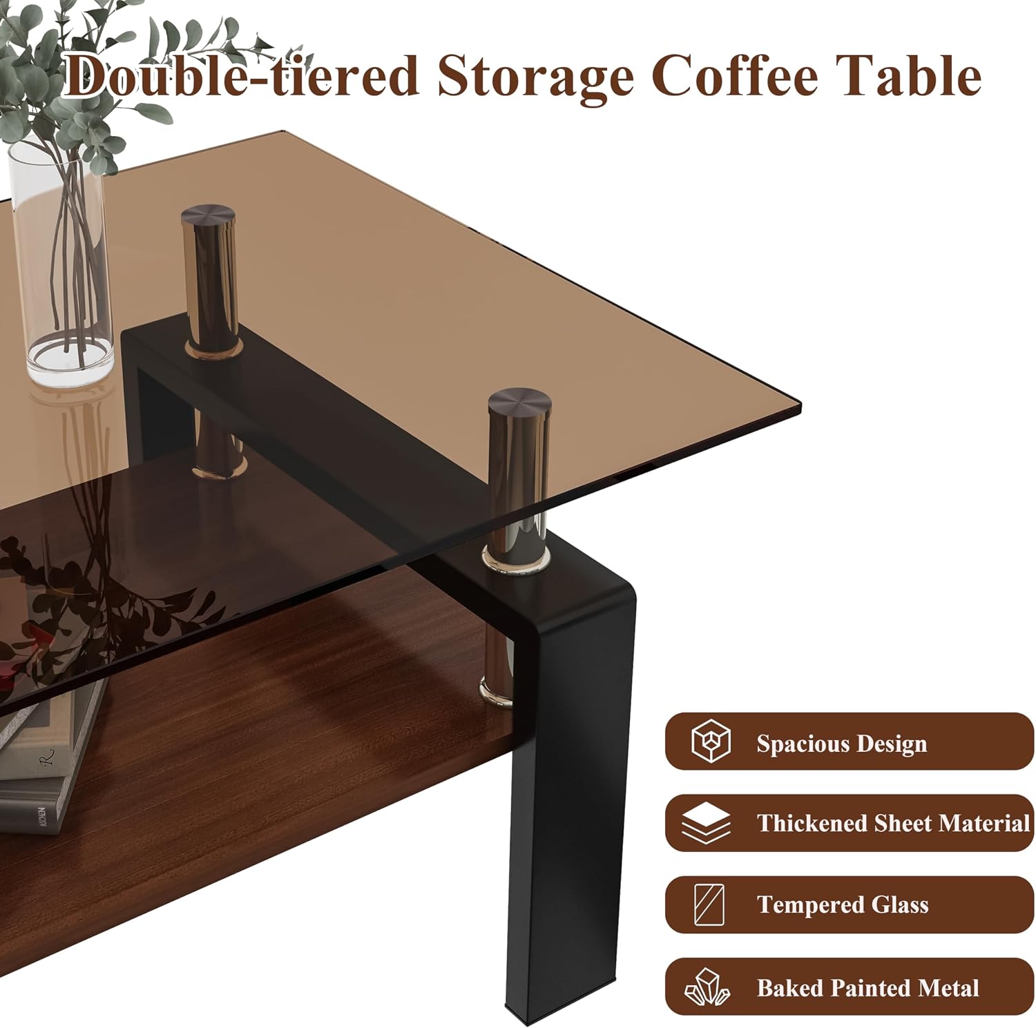Glass Coffee Table Sets of 3 for Living Room, Mordern End Tables with Storage, Walnut Wooden Shelves & Black Metal Leg, Rectangle Center Table for Small Space Apartment (Brown+Black)