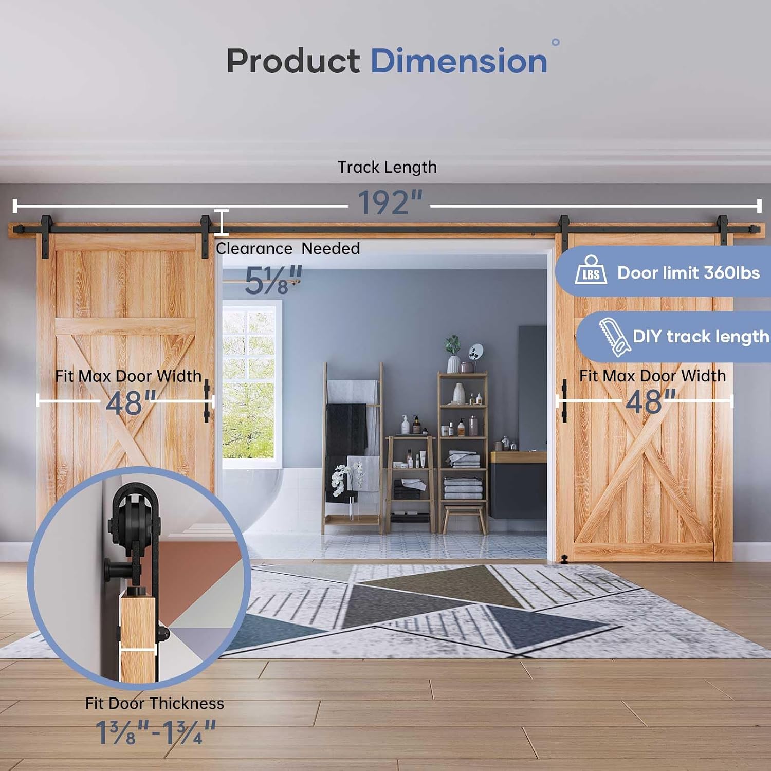 EaseLife 16 FT Double Sliding Barn Door Track and Handle Hardware Kit,Basic J Pulley,Slide Smoothly Quietly,Easy Install (16FT Track Kit for 44'~48' Wide Double Door)