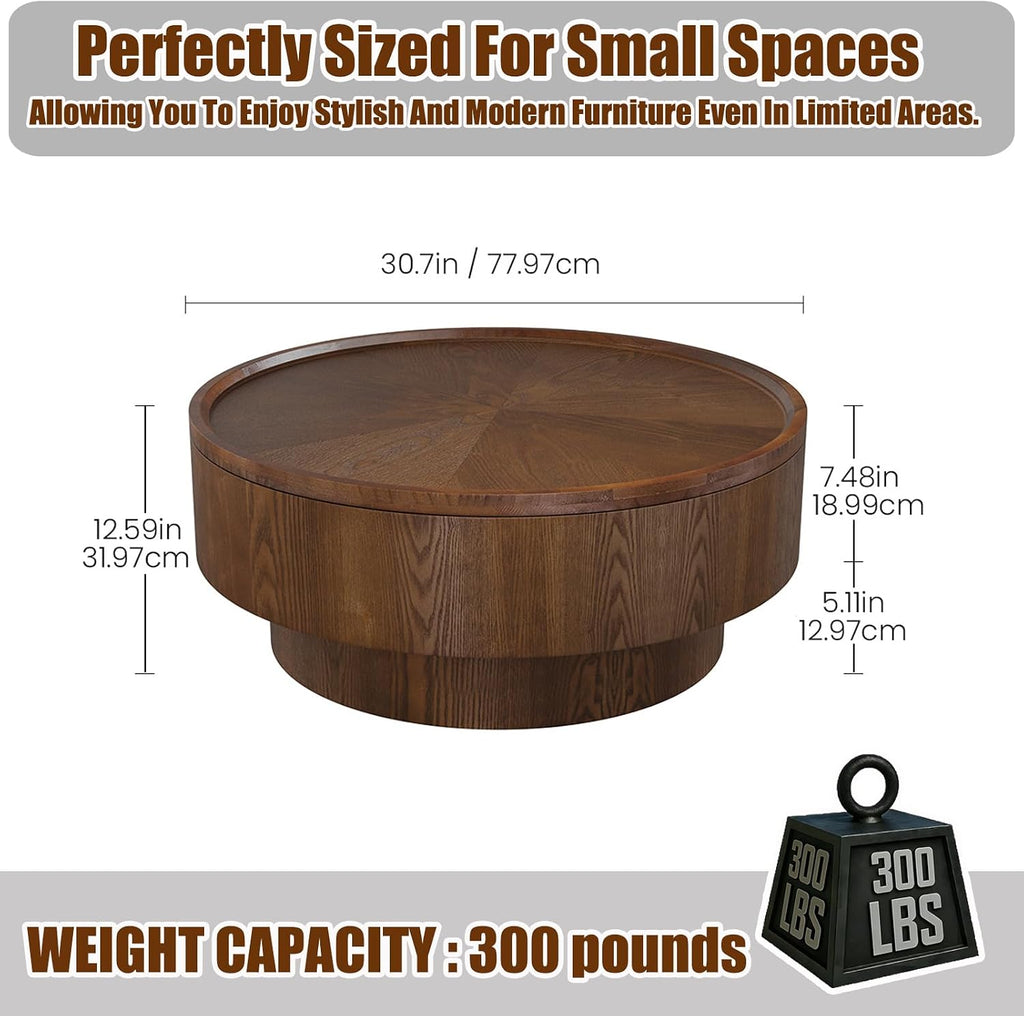 30.7'' Round Storage Coffee Table, Modern Drum Coffee Tables with Solid Wood Veneer, Wooden Circle Center Table for Living Room, Small Spaces, and Apartments, Easy Assembly