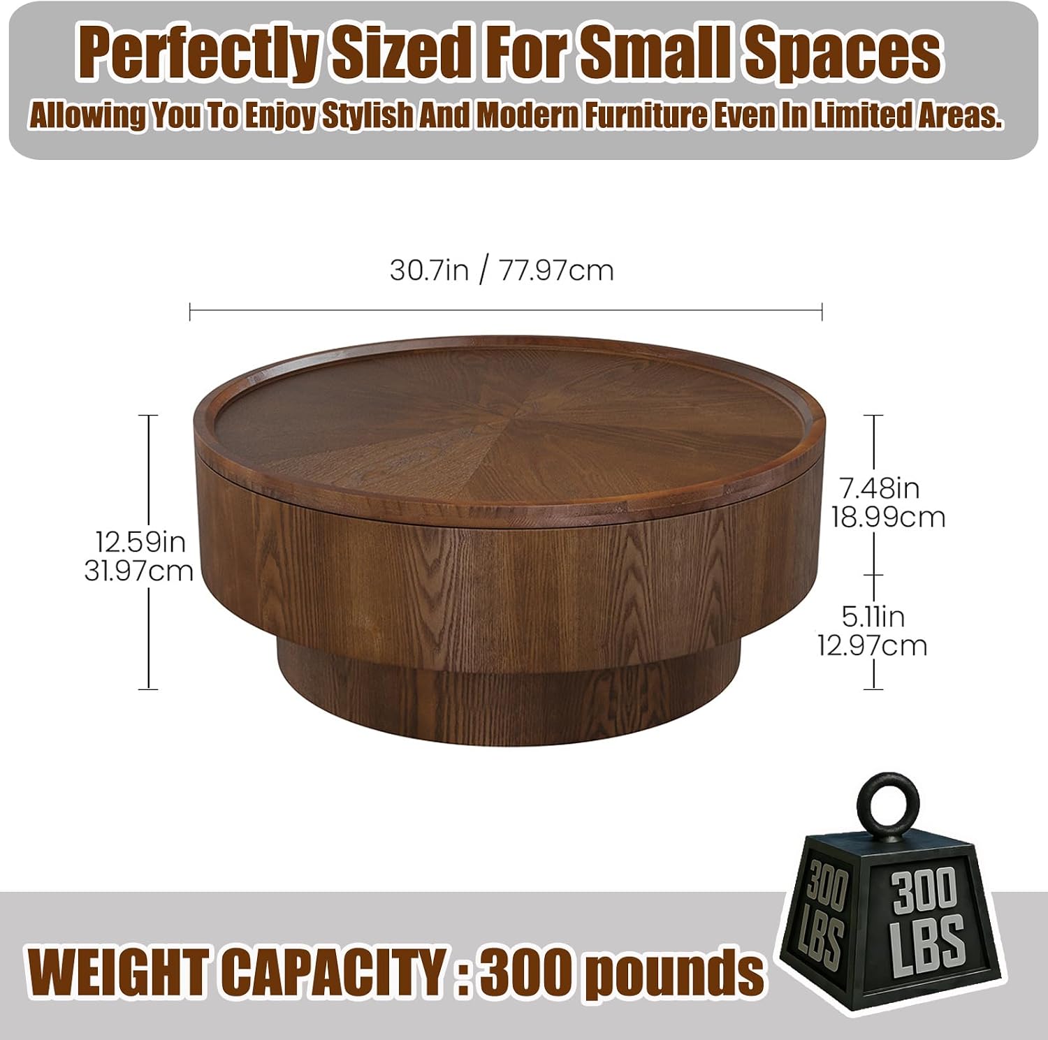 30.7'' Round Storage Coffee Table, Modern Drum Coffee Tables with Solid Wood Veneer, Wooden Circle Center Table for Living Room, Small Spaces, and Apartments, Easy Assembly