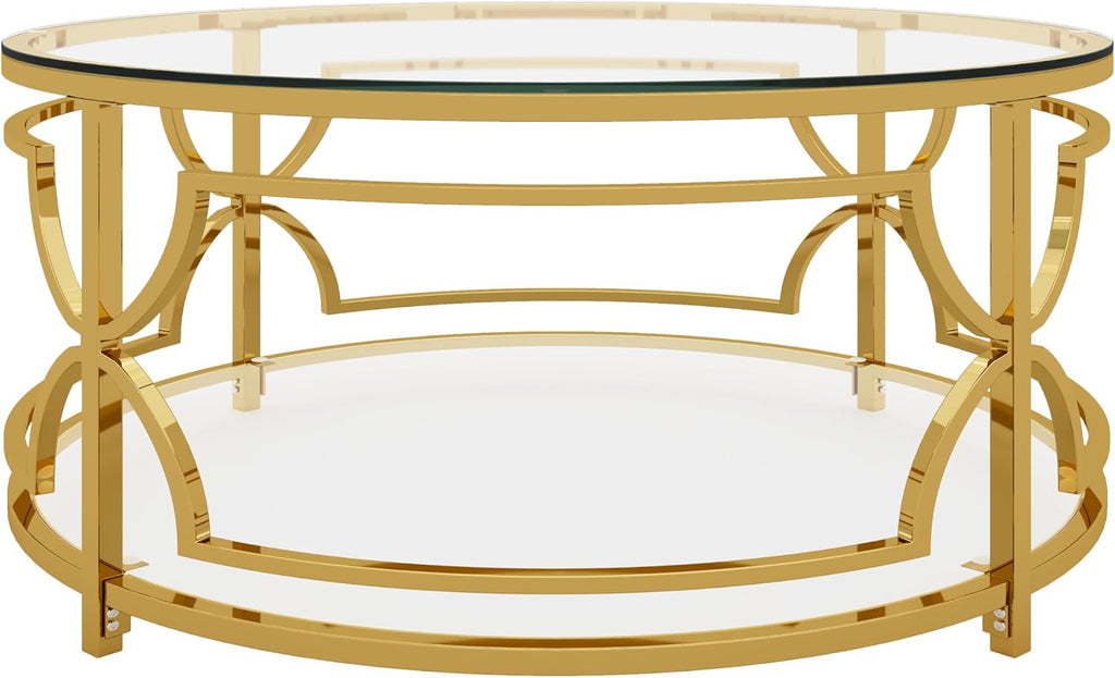 Merax 30.7' Round Tempered Glass Coffee Table, Luxurious Gold Geometric Metal Frame Side Table with Lower Storage Shelf, Modern Accent End Tables for Living Room, Bedroom, Apartment, Transparent
