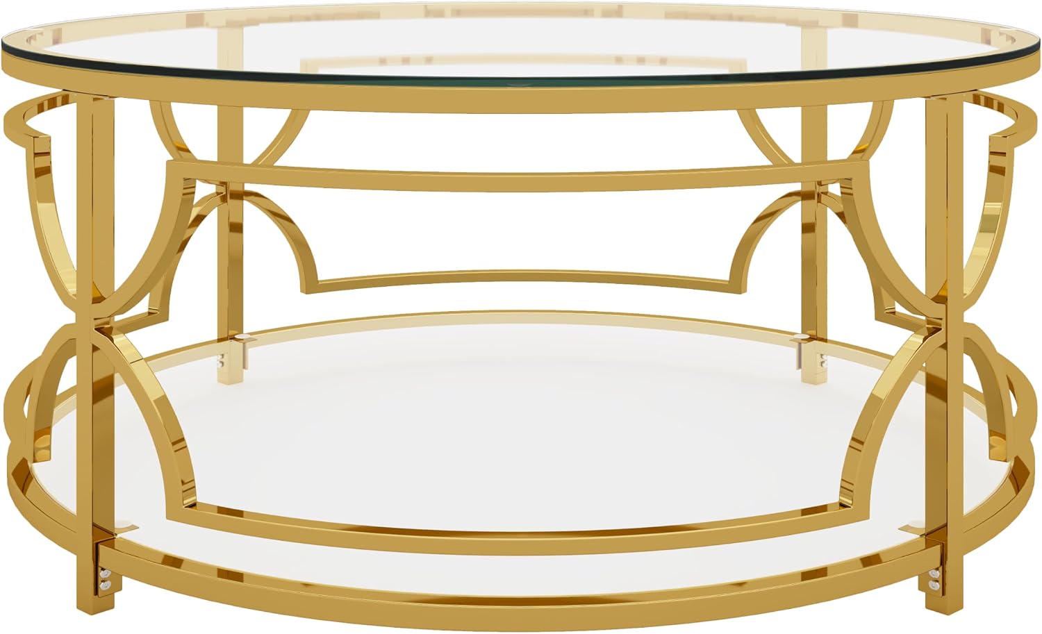 Merax 30.7' Round Tempered Glass Coffee Table, Luxurious Gold Geometric Metal Frame Side Table with Lower Storage Shelf, Modern Accent End Tables for Living Room, Bedroom, Apartment, Transparent