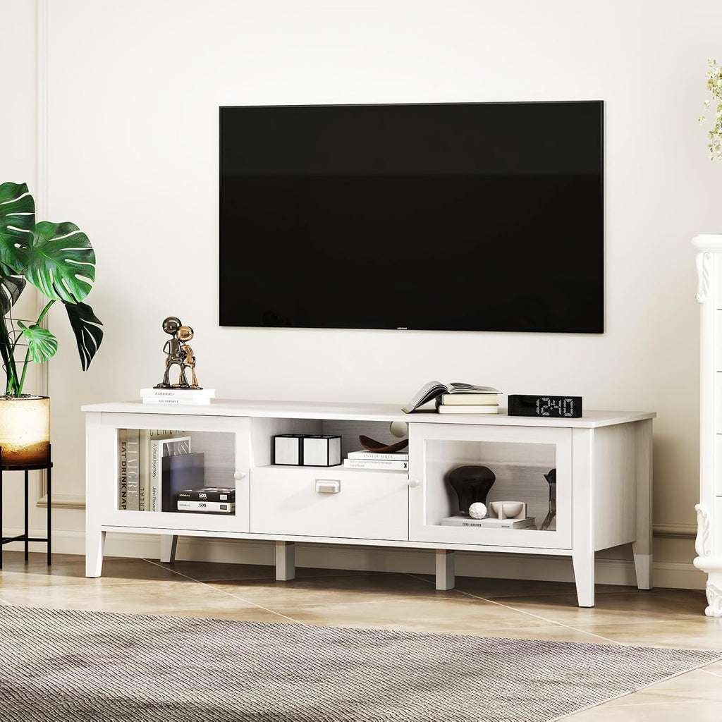 Bonzy Home TV Stand and Coffee Table Set of 2, Modern TV Console Coffee Table Set with Glass Door for up to 65' TV, Wooden TV Stand Set with Storage Drawer for Living Room, White