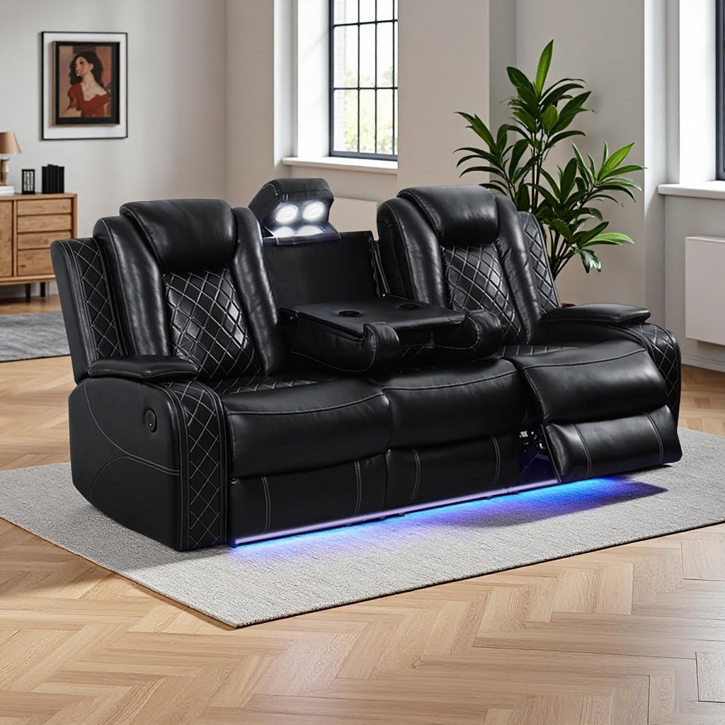 Black Power Recliner Sofa Couch with LED Light, 3-Seat Air Leather Reclining Couch, Luxury Recliner Furniture for Living Room with Coffee Table/Read Light/Home Theater Seat (3 Seater)