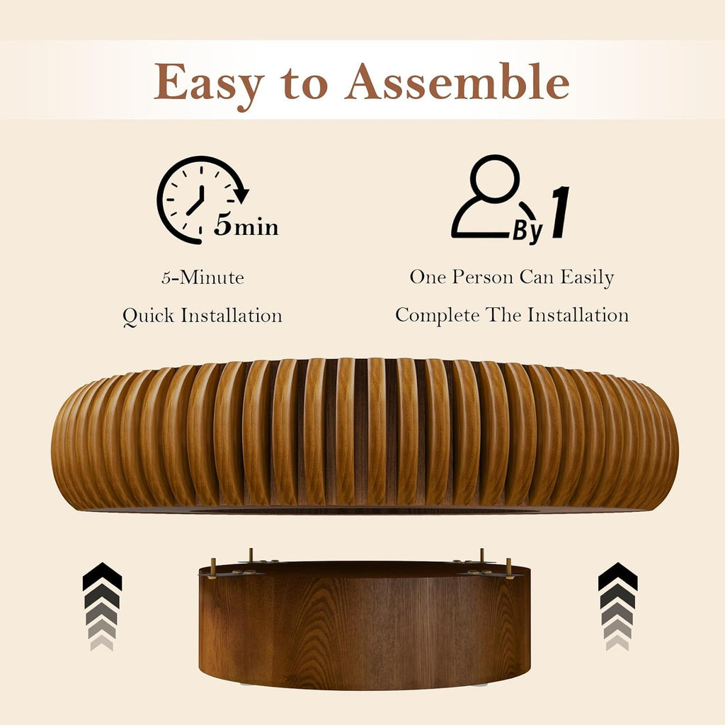 31.49' Round Fluted Coffee Table Unique Contemporary Wood Low Circle Drum Tea Tables with Sturdy Pedestal for Small Space (D Brown 31.49in)