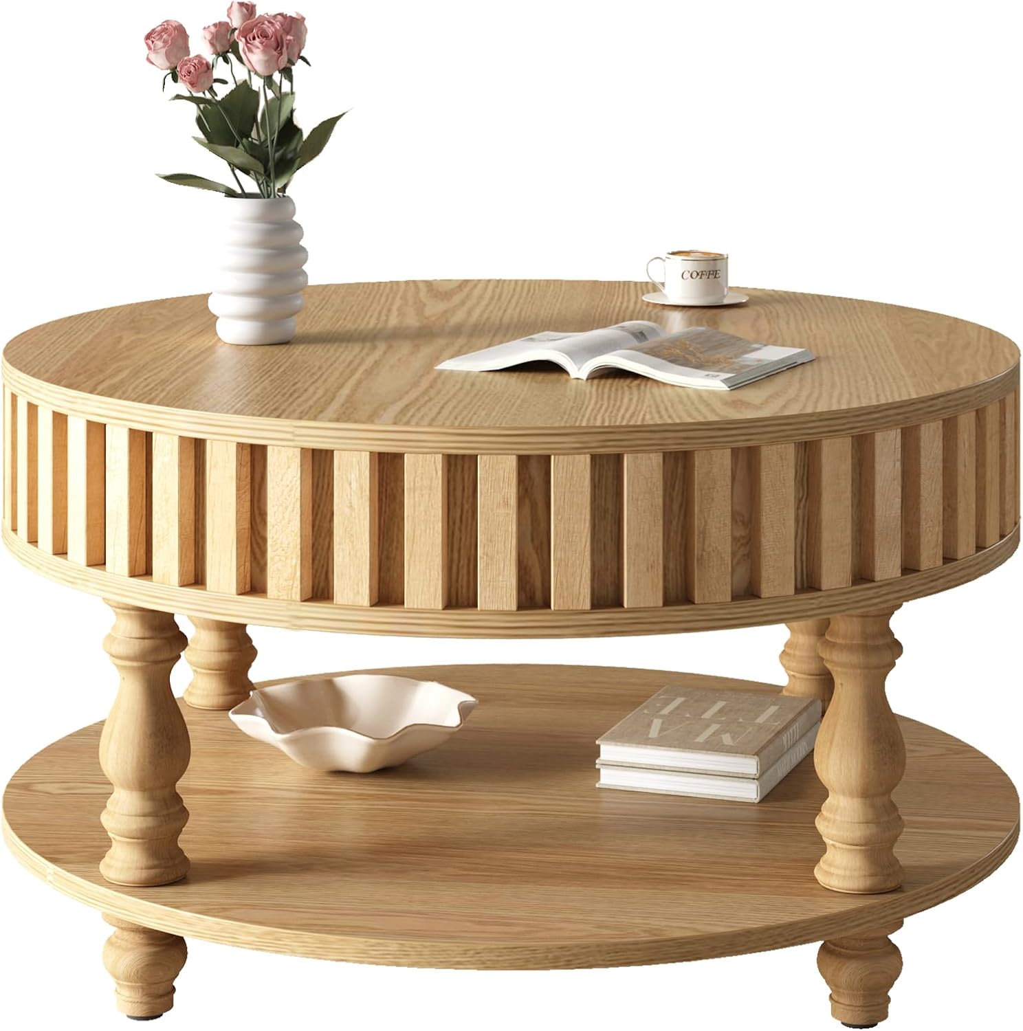 31.49'' Round Coffee Table with Storage Space, 2-Tier Modern Rustic Wood Circle Fluted Coffee Table for Living Room, Moveable Table Top & Easy Assembly, Natural