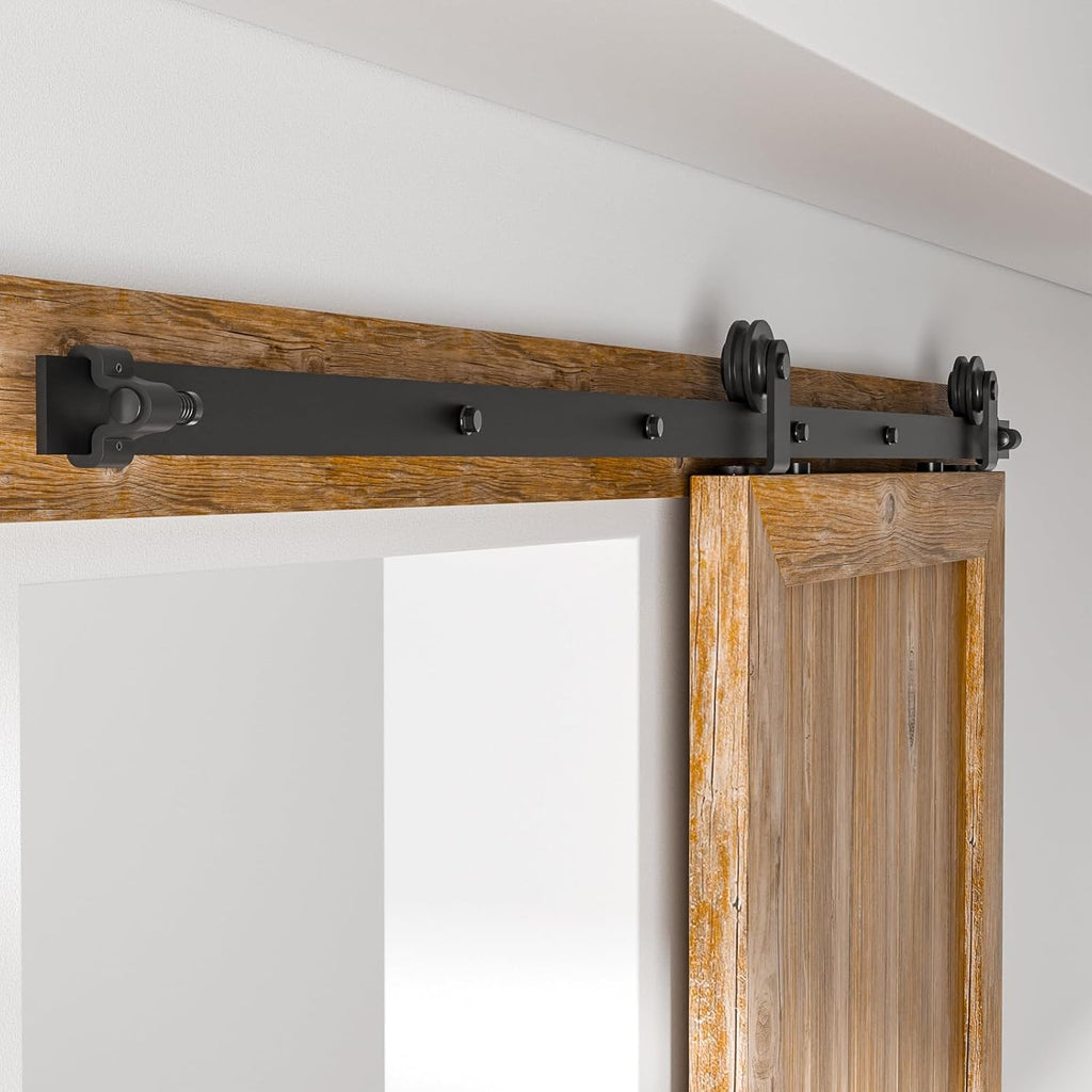 14FT Sliding Barn Door Hardware Kit for Single Door Easy to Install Smoothly and Quietly Barn Door Track Fit 84' Wide and 1 3/8' - 2' Thickness Single Wood Door Black (T Shape)