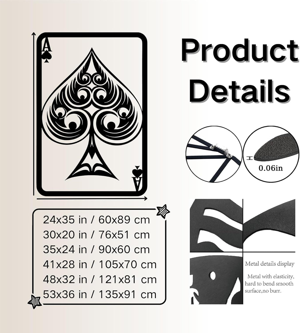 Aportif Metal Ace of Spades Wall Decor, Ace of Spades Card Wall Art, Poker Decorations, Playing Cards Art, Housewarming Gift, Living Room Decor (Black, 24x35 in / 60x89 cm)