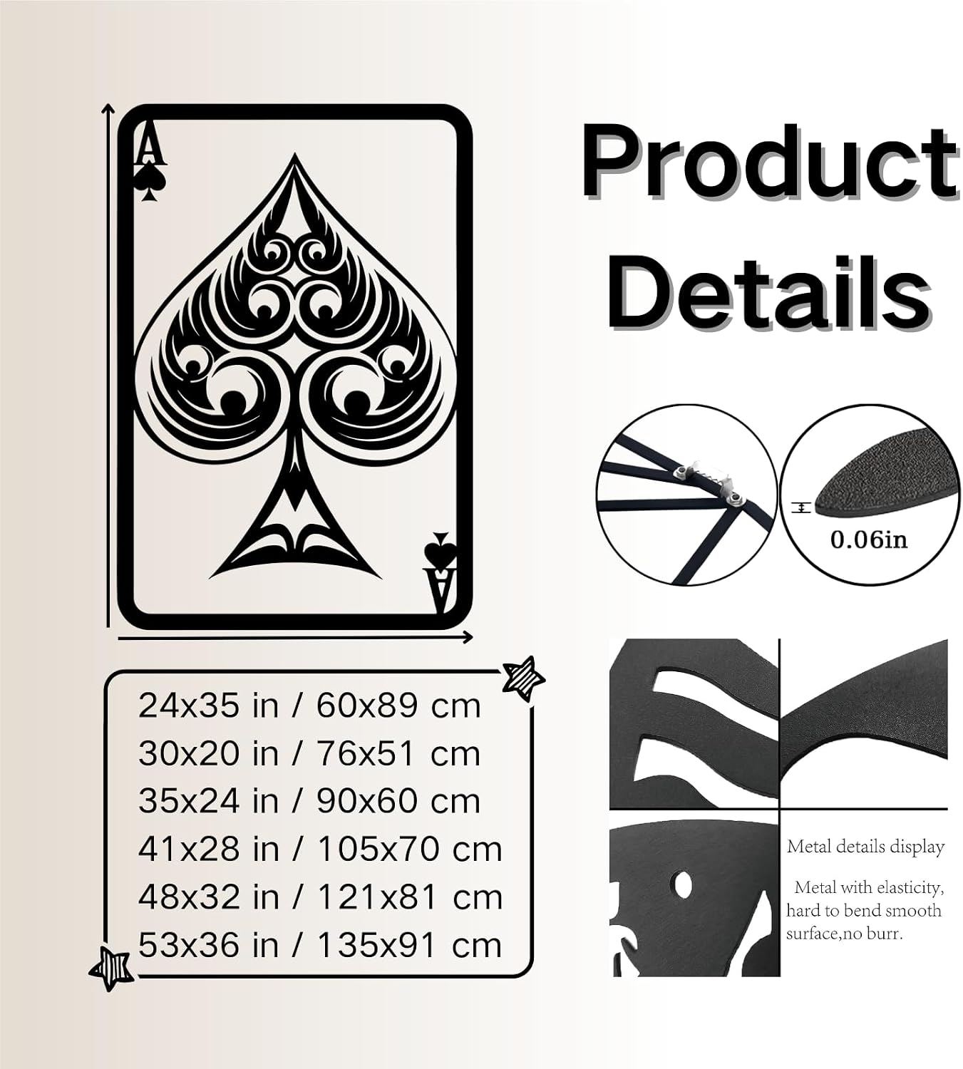 Aportif Metal Ace Of Spades Wall Decor, Ace Of Spades Card Wall Art, Poker Metal Wall Decor, Playing Cards Wall Decor, Housewarming Gift, Living Room Wall Decor (Black, 35x24 in / 90x60 cm)