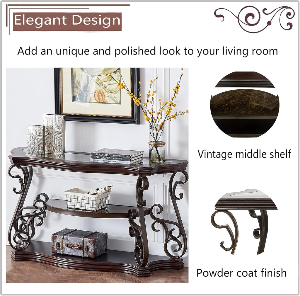 2 Piece Retro Coffee Table Set, Mid Century Modern Living Room Table Set, Traditional 3-Tier Coffee Table and Console Table with Tempered Glass Top & Storage Shelf for Living Room Home Office