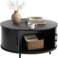 HOMPUS Round Coffee Table with Storage, 31.5' Mid Century Modern Coffee Table with 360° Sliding Door, Fluted Wooden Coffee Table with Adjustable Footpads, Center Table for Living Room, Black