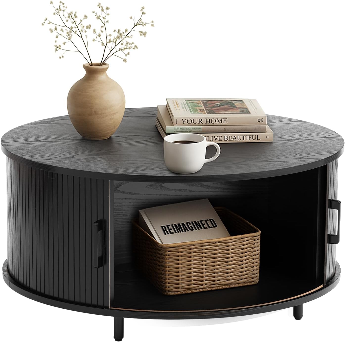 HOMPUS Round Coffee Table with Storage, 31.5' Mid Century Modern Coffee Table with 360° Sliding Door, Fluted Wooden Coffee Table with Adjustable Footpads, Center Table for Living Room, Black