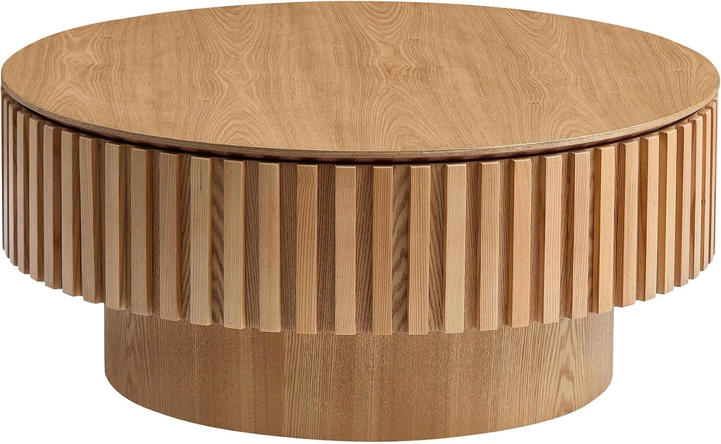 31.49'' Round Coffee Table Modern Wood Coffee Table with Storage for Living Room, Circle Fluted Drum Pedestal Style, Easy Assembly, Oak