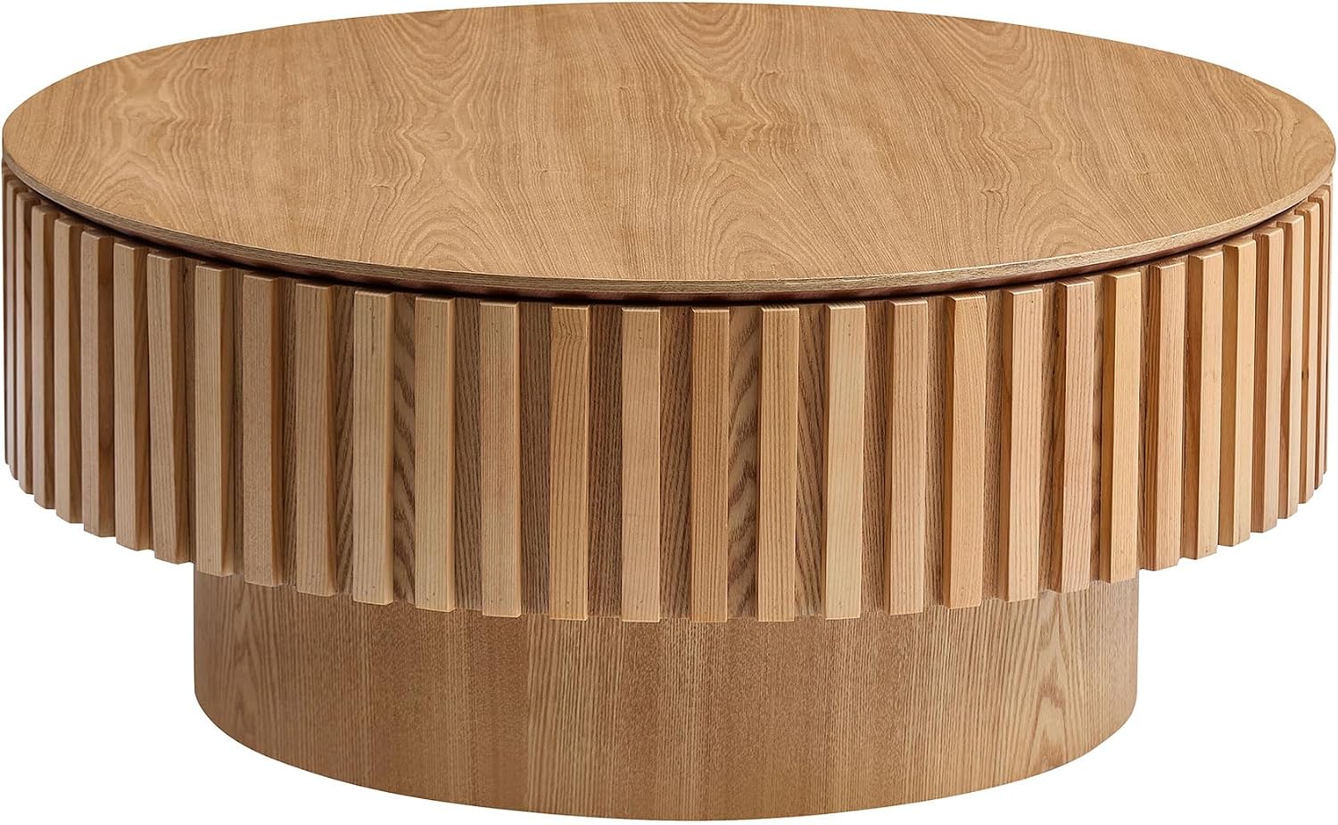 31.49'' Round Coffee Table Modern Wood Coffee Table with Storage for Living Room, Circle Fluted Drum Pedestal Style, Easy Assembly, Oak