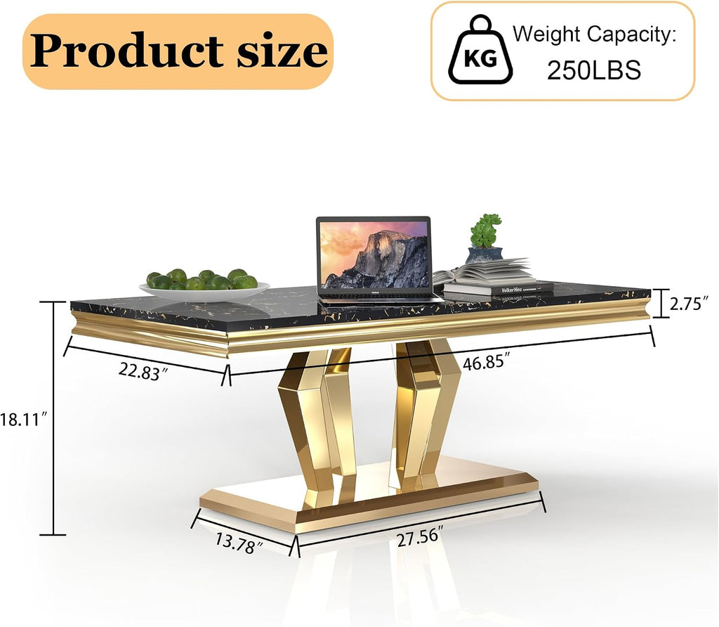 Modern Marble Coffee Table, 47' Living Room Table with Diamond-Shape Stainless Steel Base and Thickened Faux Marble Top for Living Room, Bedroom, Lounge (Gold,Black)