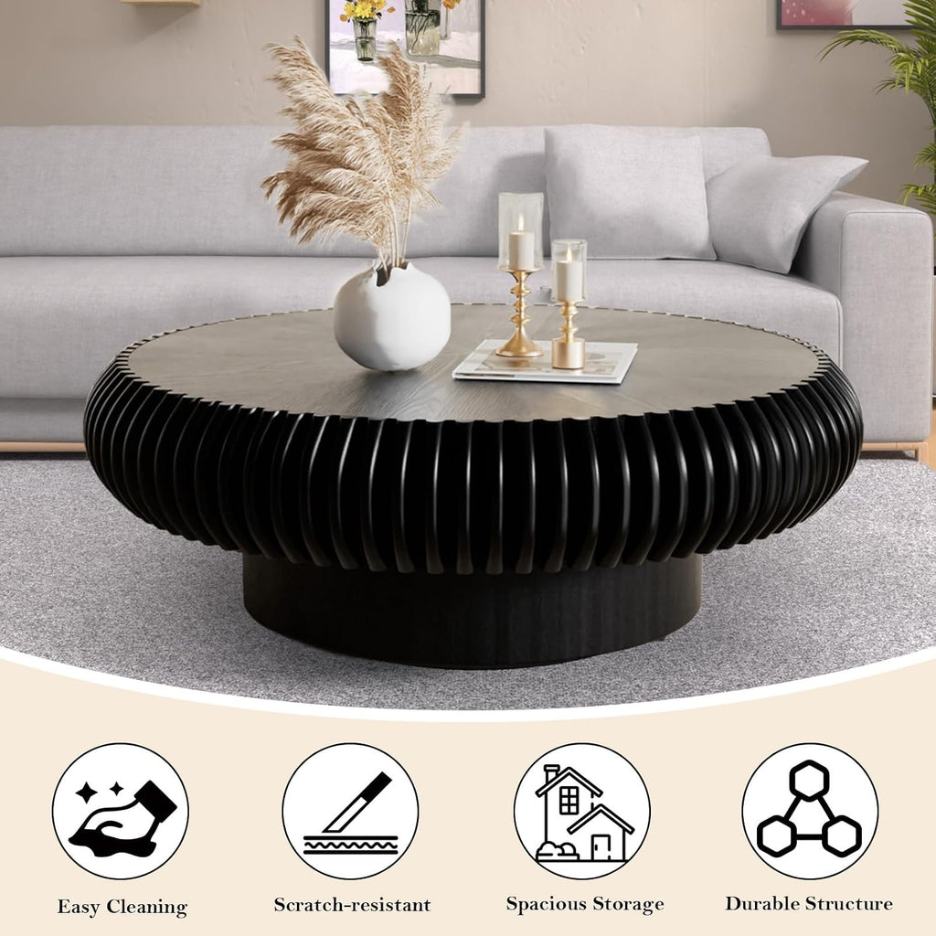 39.37' Round Fluted Coffee Table Unique Contemporary Wood Low Circle Drum Tea Tables with Sturdy Pedestal for Small Space (H Black 39.37in)