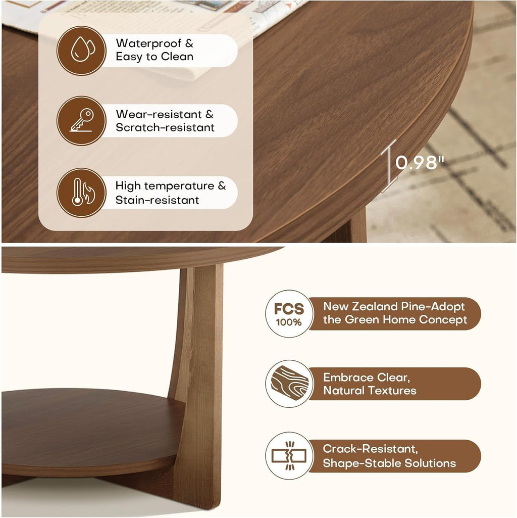 BECHAEO 31.5'' Round Coffee Table with Solid Wood Pine Legs, 2-Tier Rustic Round Coffee Table with Storage Shelf, Small Modern Wood Circle Center Tables for Living Room (Walnut)