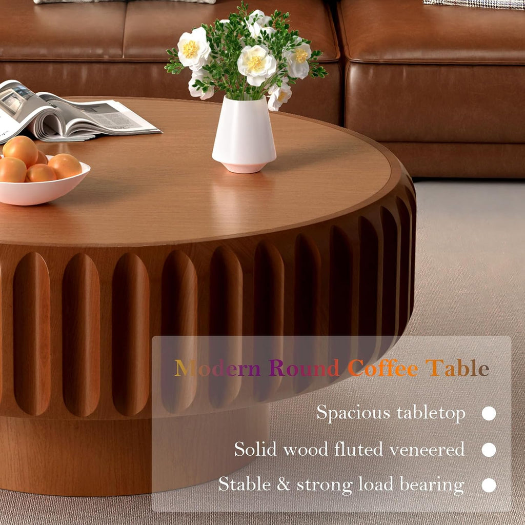 31.5' Drum Coffee Table - Handcraft Solid Wood Edge Stripe Modern Chic Fluted Tea Table with with Storage for Small Space Apartment (D 31.5in)