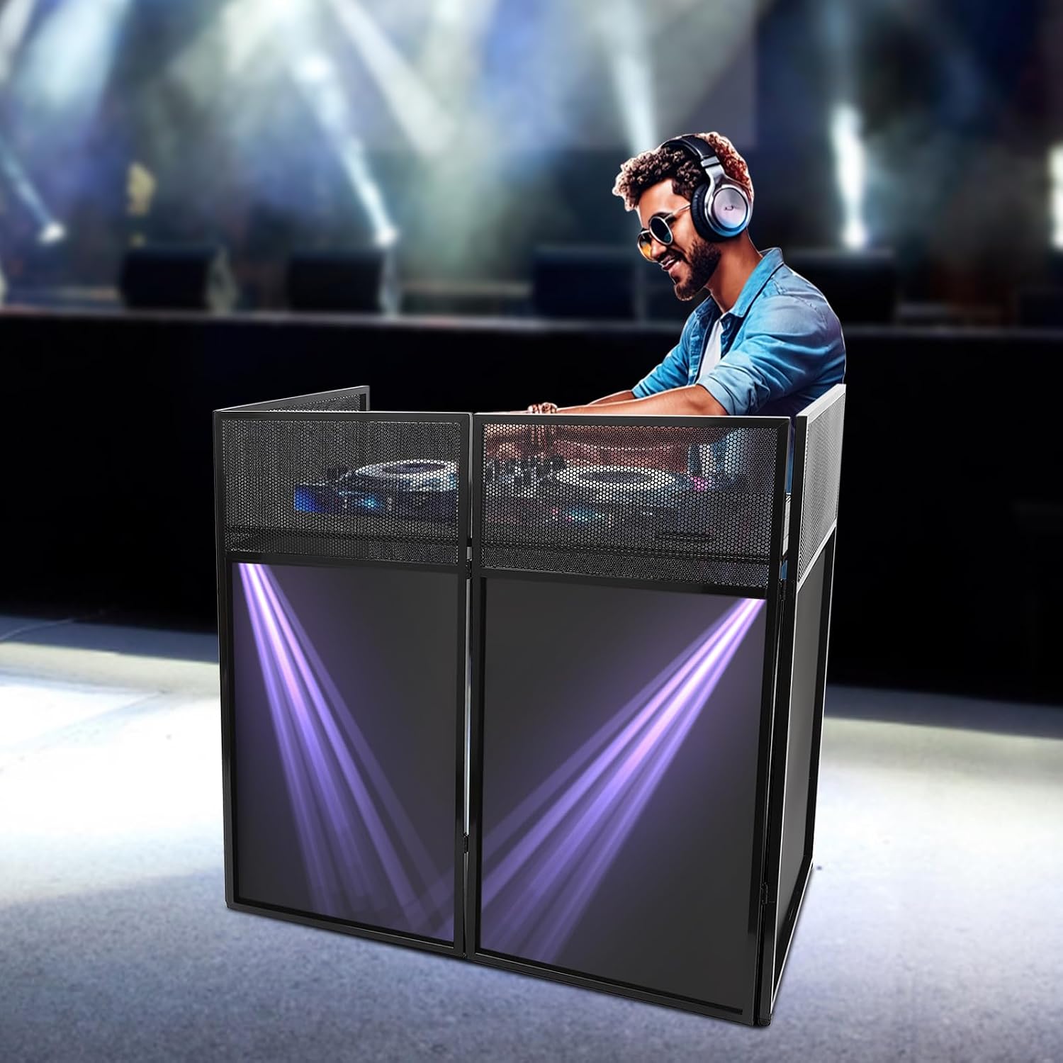 DJ Event Facade Booth with Lighting Scrim and Carry Bag, Portable DJ Facade Table Station Flat Table Top 20x40in, DJ Controller Stand, DJ Mixer Display Stand,Recording Mixer Stand (Black)