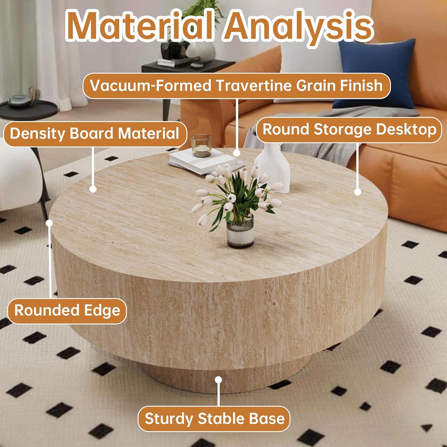Round Travertine Coffee Table, with Large Tabletop & Base, Mid Century Rustic Circle Wood Center Table for Living Room Farmhouse Apartment, Easy Assembly (A)