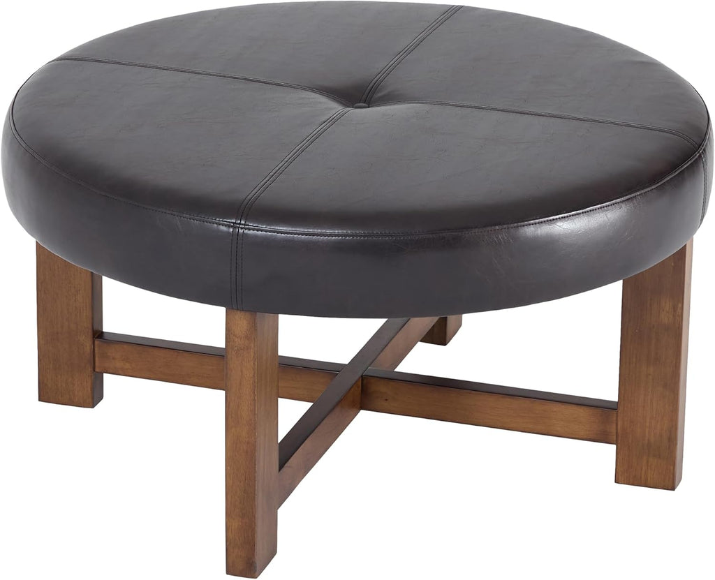 Christopher Knight Home Ladin Modern Round Ottoman Coffee Table, Faux Leather Cocktail Ottoman for Living Room Sofa, Entryway Comfortable Footstool, Wooden Ottoman Foot Rest, Dark Brown+Walnut