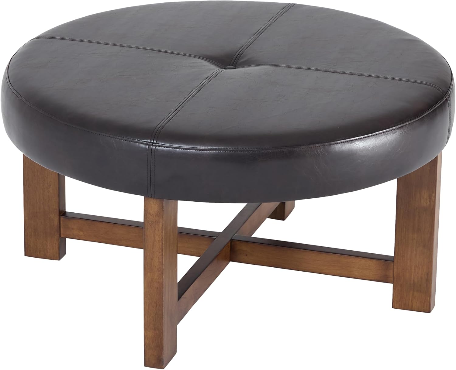 Christopher Knight Home Ladin Modern Round Ottoman Coffee Table, Faux Leather Cocktail Ottoman for Living Room Sofa, Entryway Comfortable Footstool, Wooden Ottoman Foot Rest, Dark Brown+Walnut