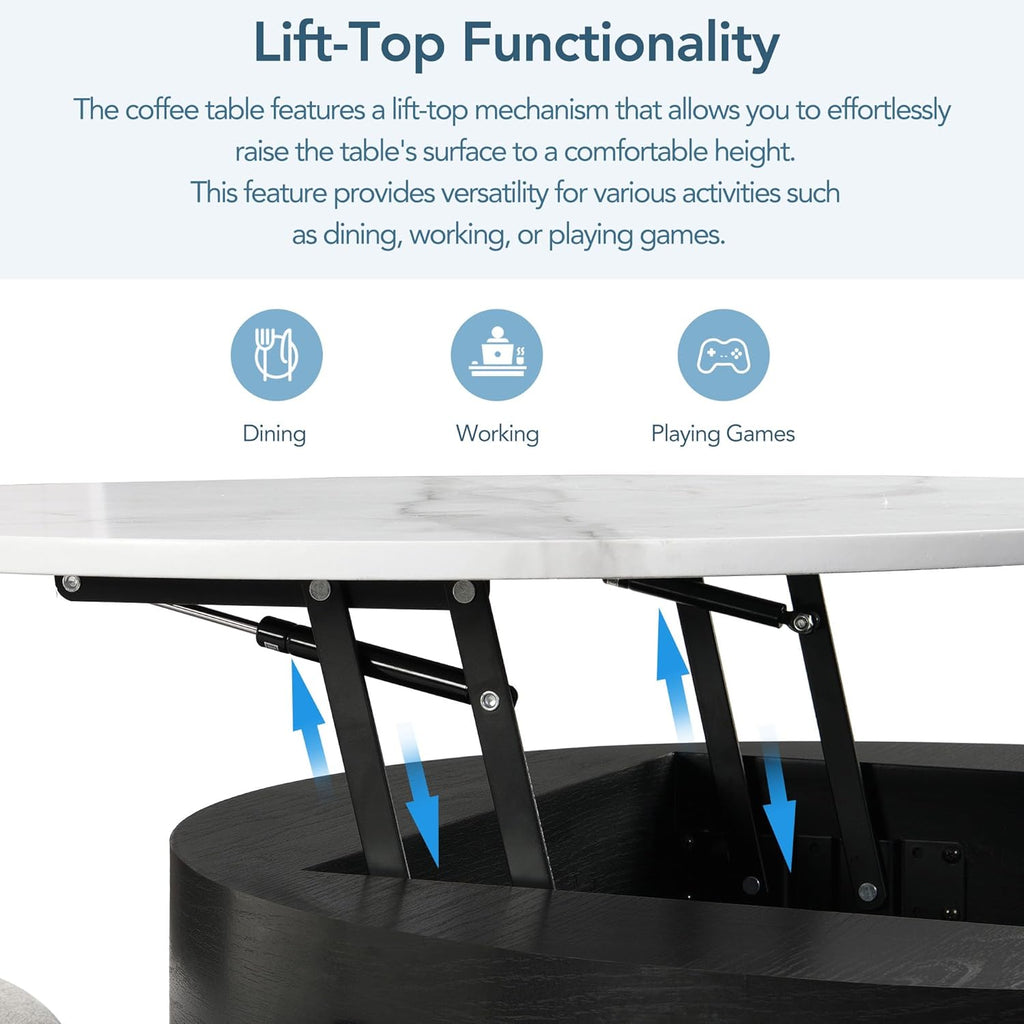 31.5' Modern Round Lift-Top Coffee Table with Storage & 3 Ottoman,White & Black
