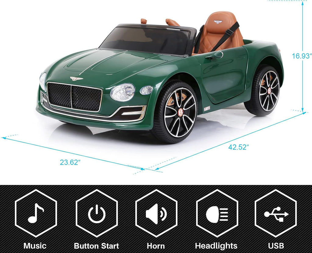 SEHOMY Kids Ride on car with Remote Control 12V, Bentley Style Electric Car Kids Battery Powered Motorized Vehicles with Seat, 2 Speed, LED Lights, MP3, Music, Horn, TF Card, USB Port, Green