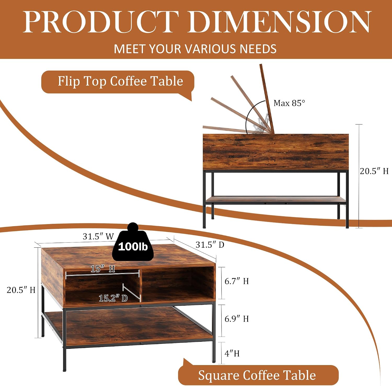 KEIKI 31.5' Flip-Top Coffee Table with Storage, Lift-Top Table, Dark Walnut & Black Metal, Farmhouse Modern Rectangular Living Room Table with Hidden Compartment & Open Shelves, Black