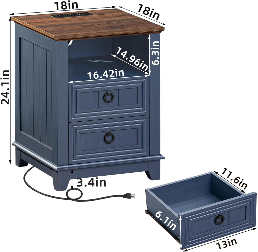 Farmhouse Coffee Table Set of 3, Furniture Set with Charging Station, Coffee Table with Hidden Storage Organizer and Nightsand 3-piece set, Country Center Table Set for Living Room,Office, Home, Blue