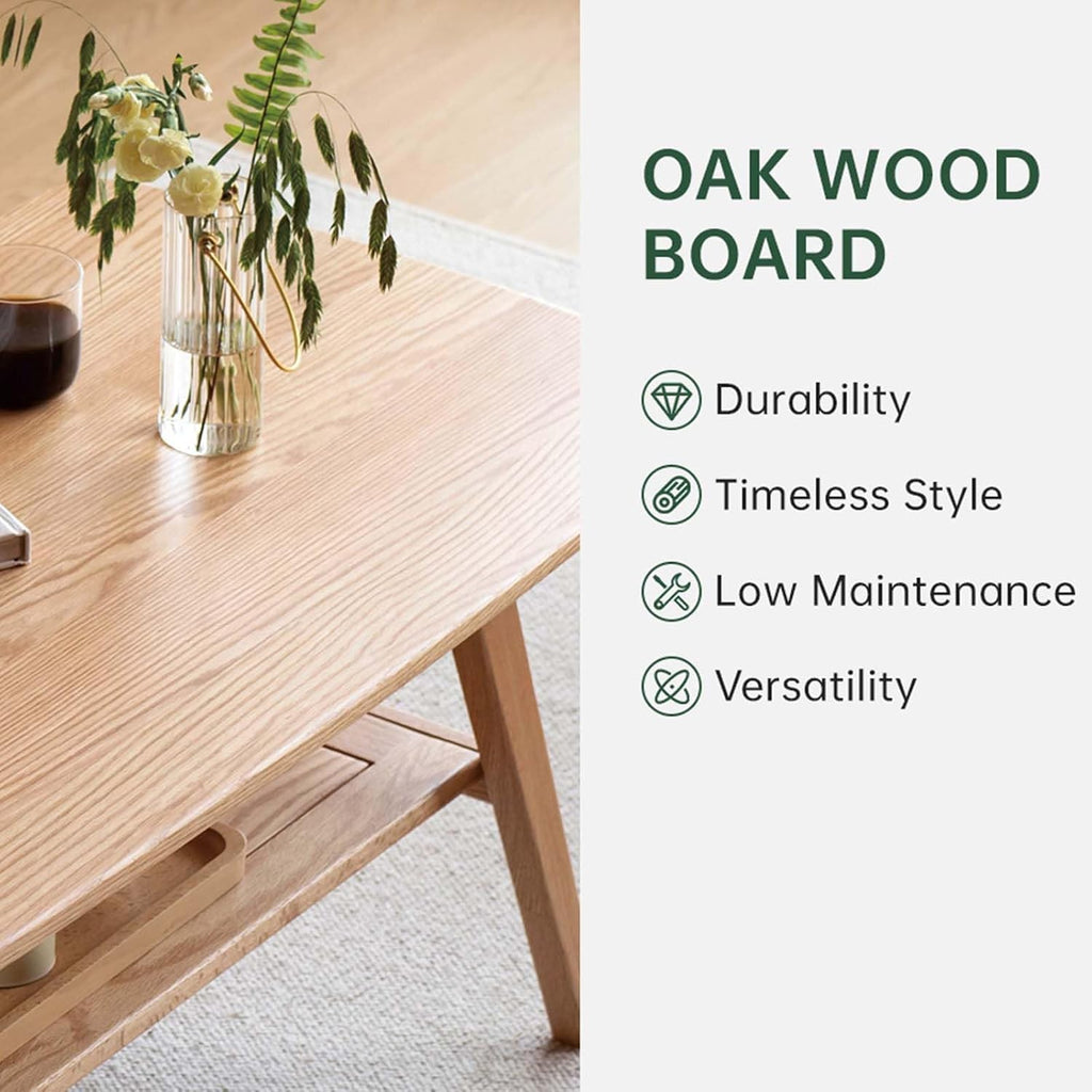 100% Solid Wood Coffee Table for Living Room, 39.37' Mid Century Modern Small Tables with Shelf Storage, 2-Tier Coffee Table with Rounded Corners (Oak Wood Log Color, 39.37' L)