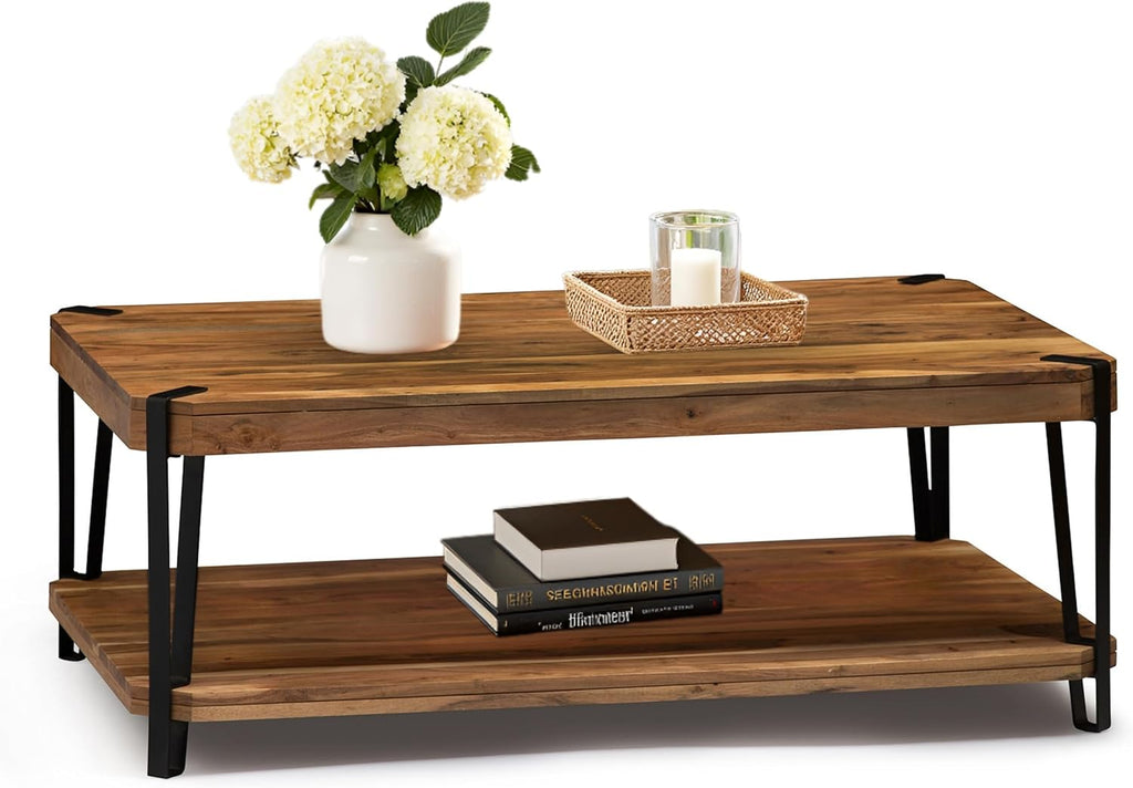 Ryegate Large Coffee Table, 48 Inch Natural Solid Acacia Wood with Unique Live Edge and Metal Frame, Industrial Modern Style, Durable Construction with Clear Natural Finish, Ideal for Living Room