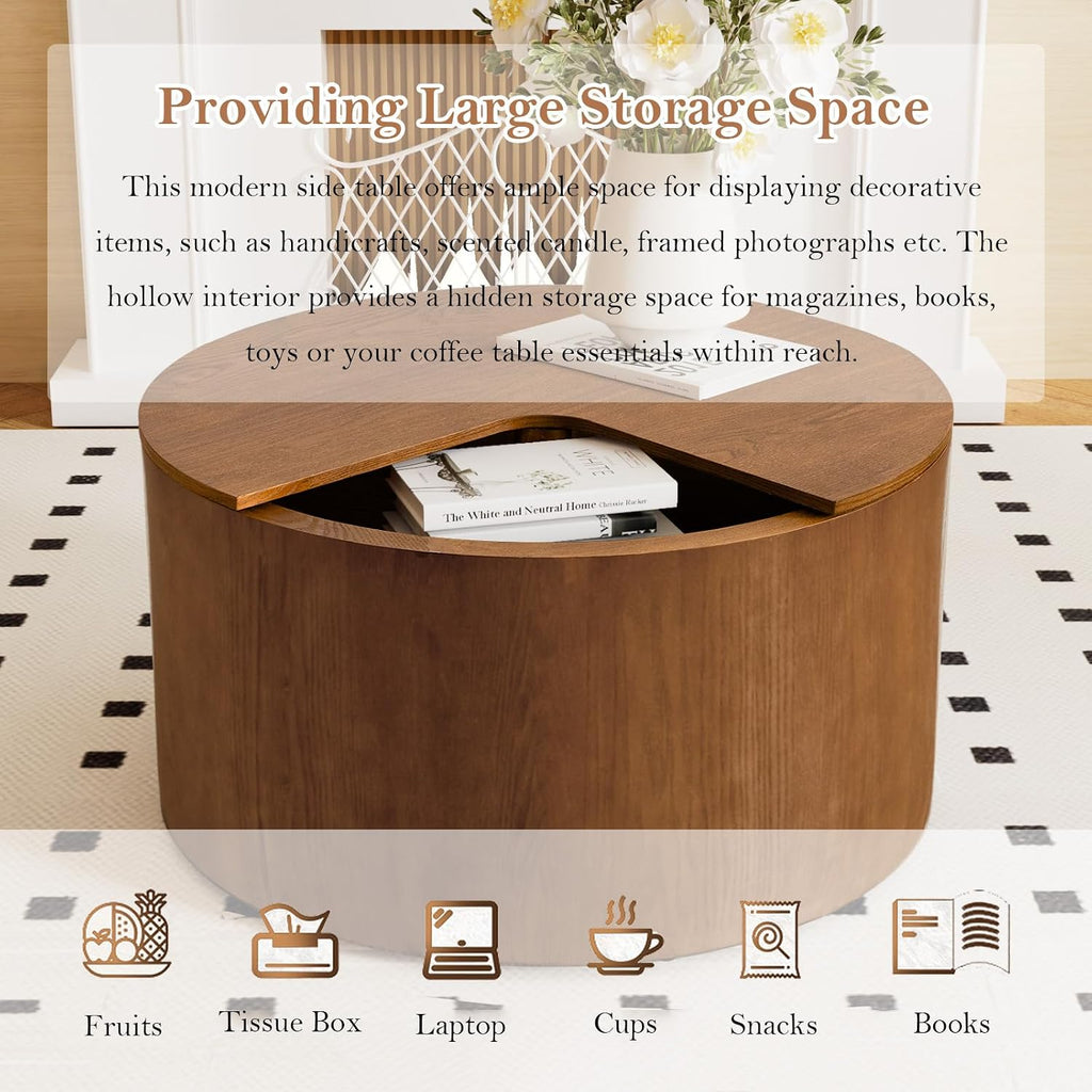 27.16' Modern Brown Side Table with Storage, Mid Century Round Sofa End Table - 360° Rotation Tabletop for Small Space No Assemble Required (Brown 27.16in)