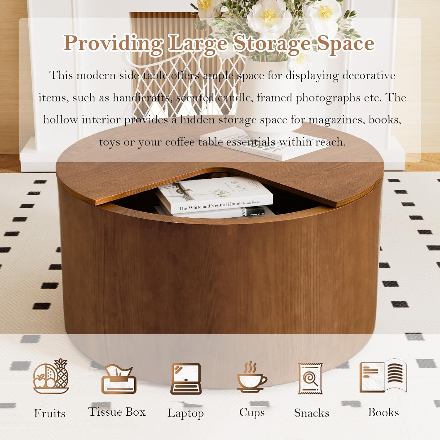 27.16' Modern Brown Side Table with Storage, Mid Century Round Sofa End Table - 360° Rotation Tabletop for Small Space No Assemble Required (Brown 27.16in)