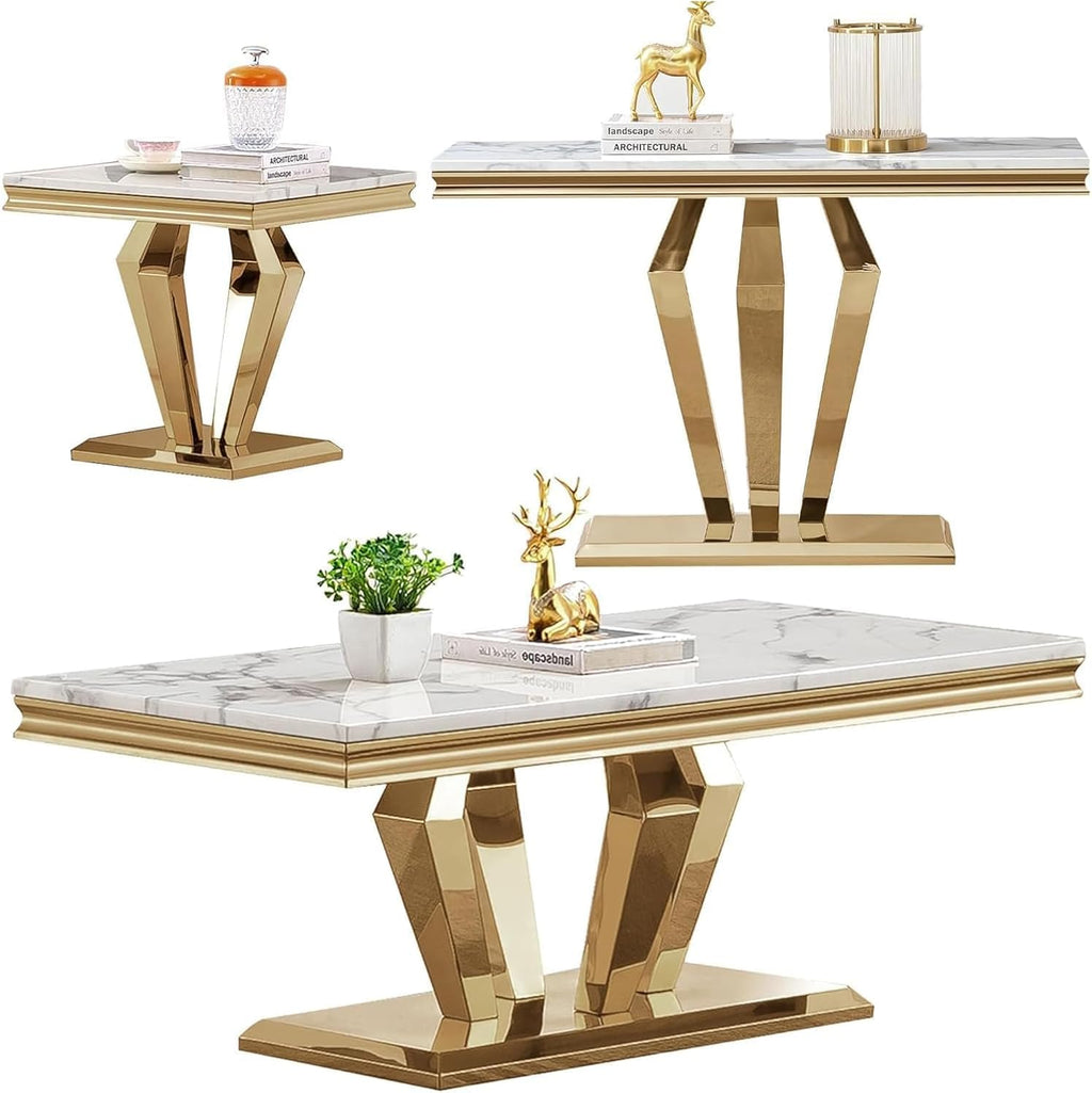 Henf 3 Piece Living Room Table Set, Faux Marble Coffee Table & Console Table & End Table, Luxury White Gold Coffee Table Set of 3 with Mirrored Stainless Steel Base for Living Room Apartment