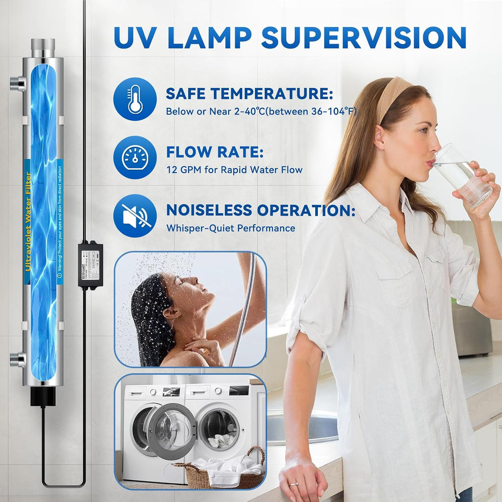 UV Water Filter Whole House, 55W 120V Water Purifier Filter System for Whole House Water Purification, 12GPM, 3/4' MNPT Inlet/Outlet for Purity, +1 Extra Bulb