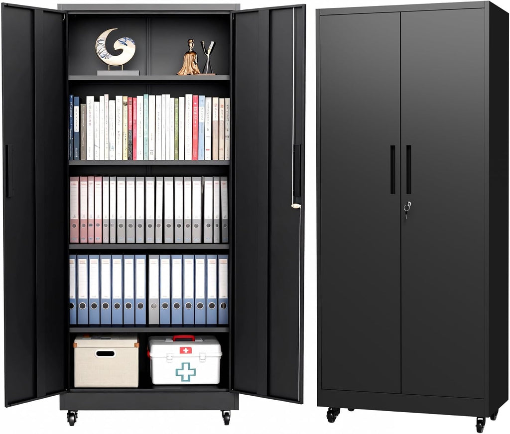 Metal Storage Cabinet with Wheels, 74.5' Garage Storage Cabinet with 4 Adjustable Shelves & Lockable Doors, Heavy Duty Garage Cabinets for Office, Home, Garage, Gym, School