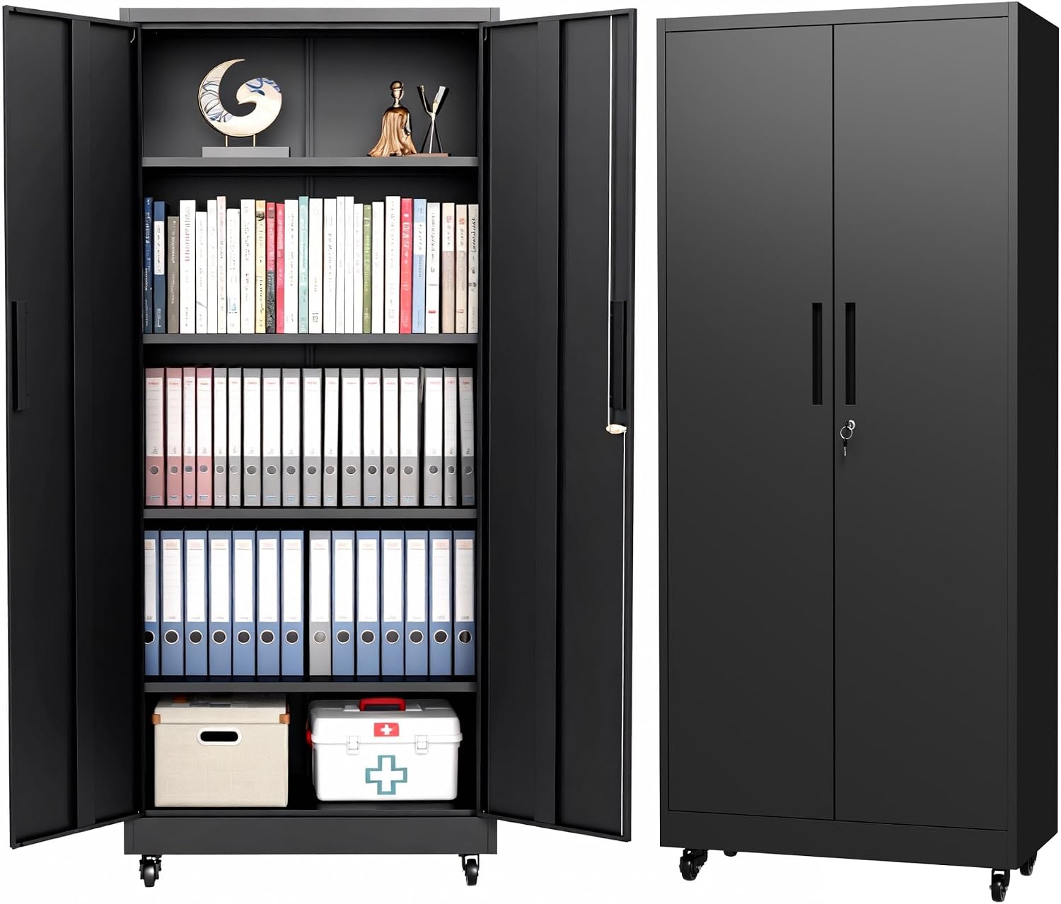 Metal Storage Cabinet with Wheels, 74.5' Garage Storage Cabinet with 4 Adjustable Shelves & Lockable Doors, Heavy Duty Garage Cabinets for Office, Home, Garage, Gym, School