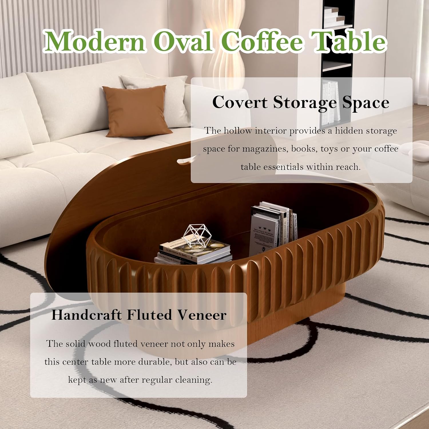 43.3' Oval Drum Coffee Table with Storage Rustic Chic Fluted Center Table - Handcraft Solid Wood Veneer Edge for Living Room Farmhouse (C 43.3in)