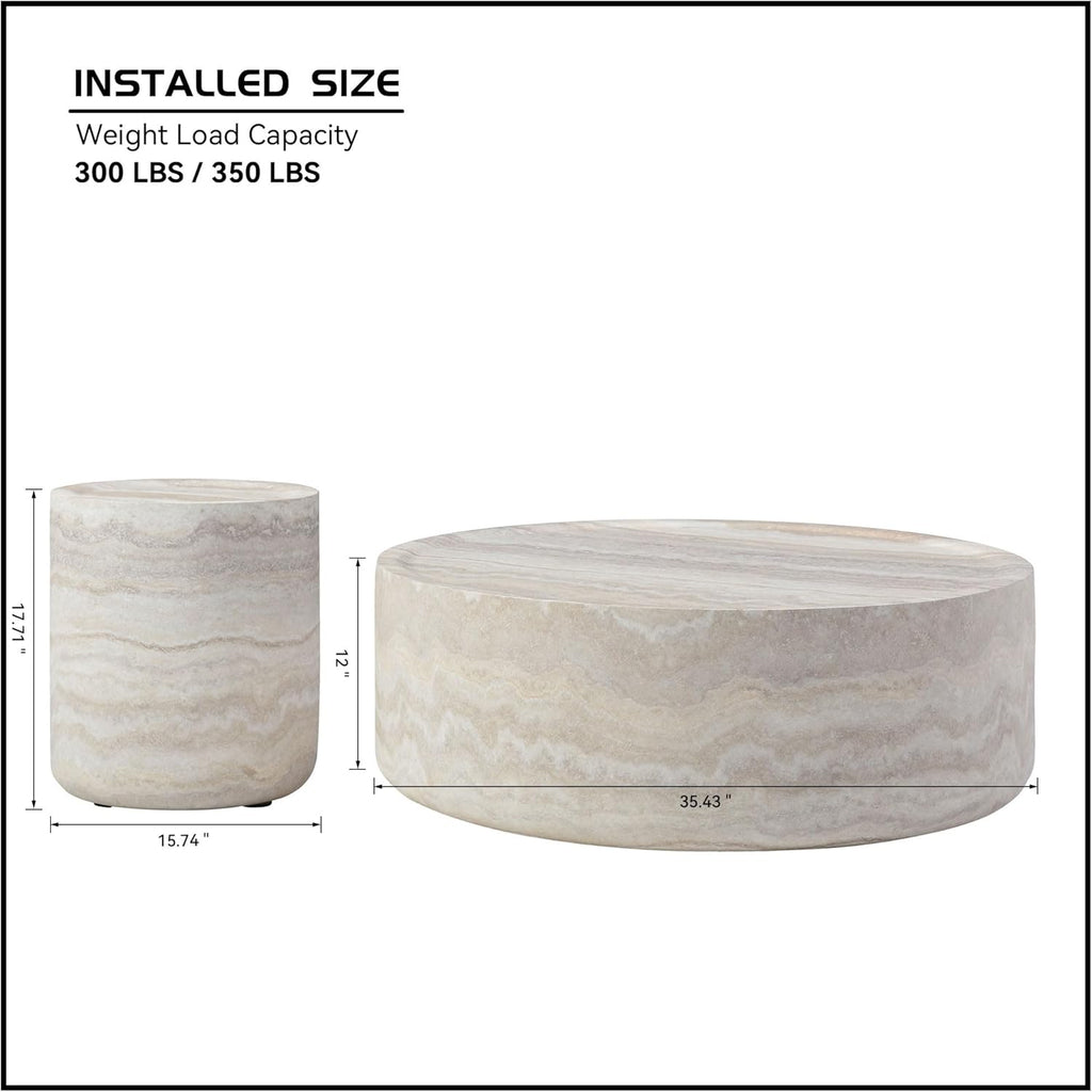 WILLIAMSPACE Round Coffee Table Set of 2, Modern Circle Drum Faux Marble Center Tables with Mars Pattern, Fiberglass Stone Tea Table Set for Living Room, No Need Assembly (35.43'' &15.74'')