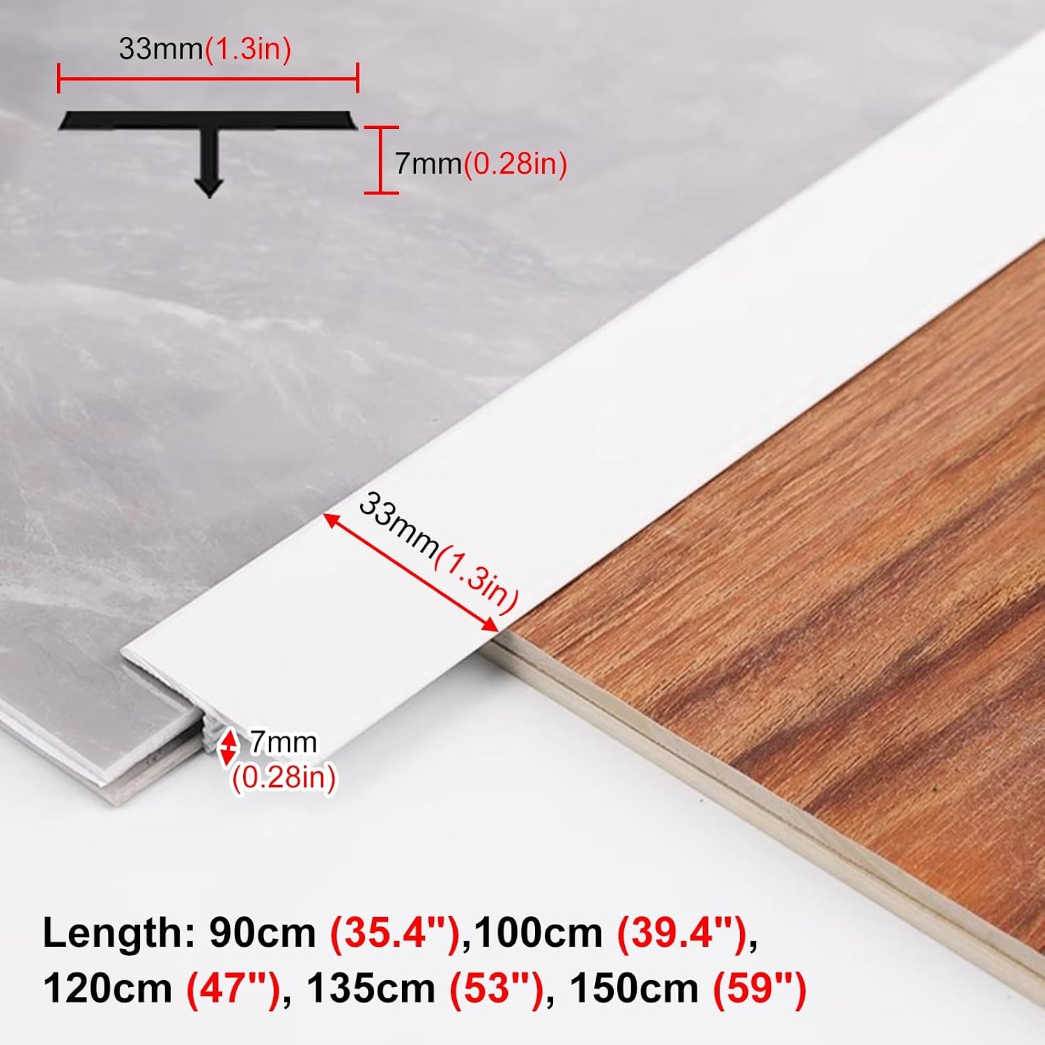 White Aluminum T Molding Floor Transition Strip, Wood to Tile Seam Strips Door Threshold Bar for Doorways, Waterproof Floor Gap Cover Edging Trim(150cm (59'))
